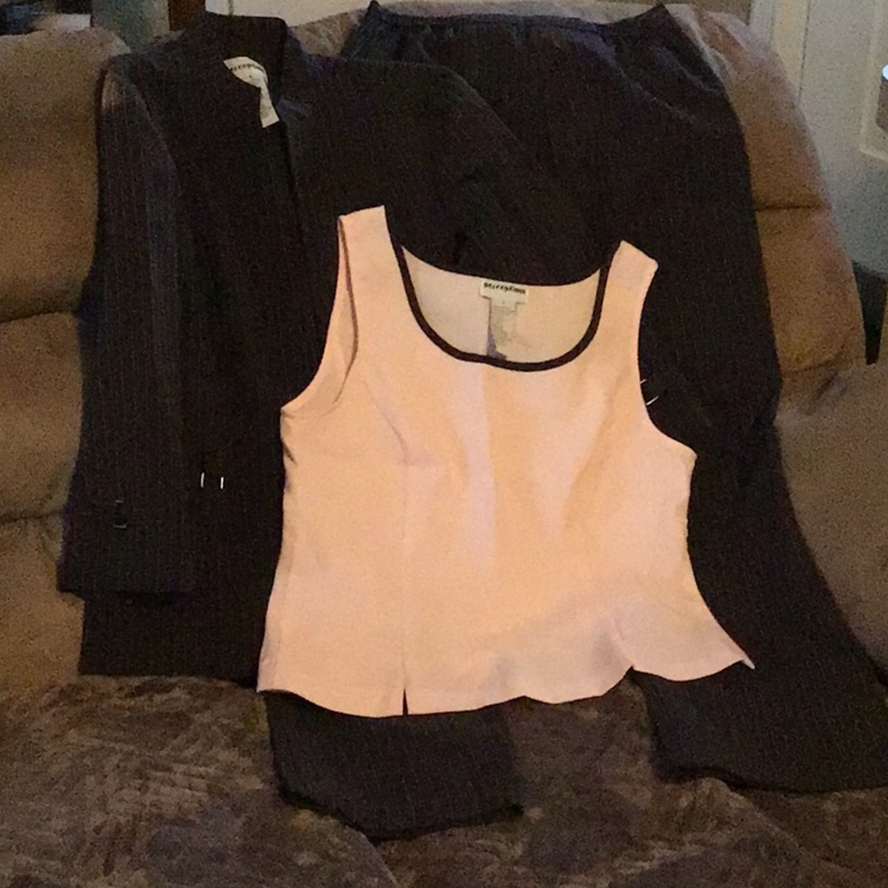 3 Piece Suit Pink and Brown: Pink Top with Pinstripe Pants and Jacket